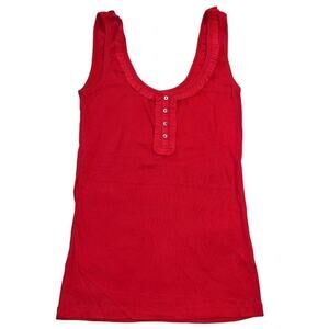 In Style Womens Tank Top Shirt Button Accent Henley Ruffled Scoop Neck Red Large